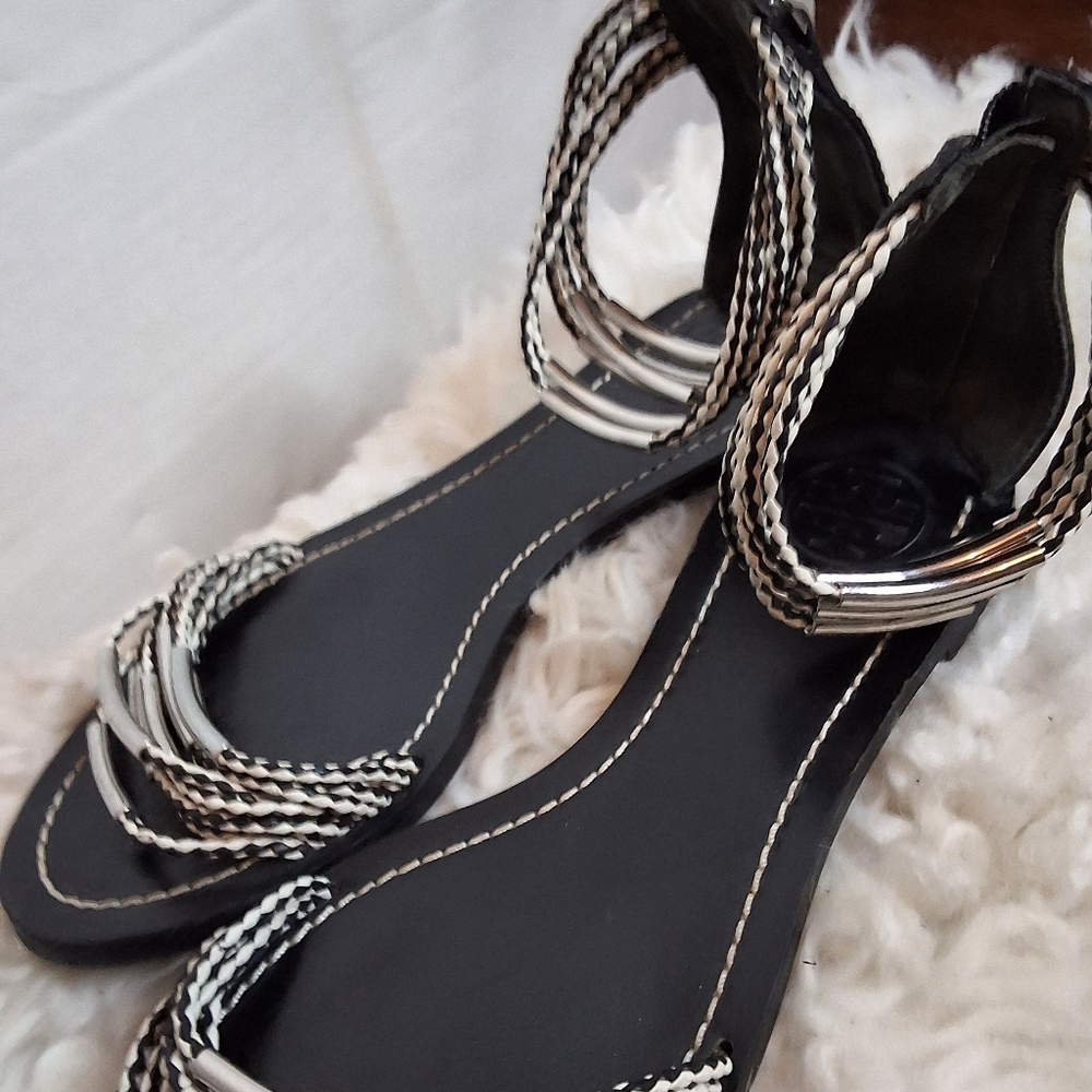 Tory Burch Braided Rope Metal Flat Sandals Black White Ankle Strap 6 - Picture 6 of 12